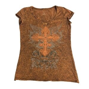 Y2K Copper Key Womens XL Cross Wings Tattoo Graphic Tee Mall Goth Alt Biker